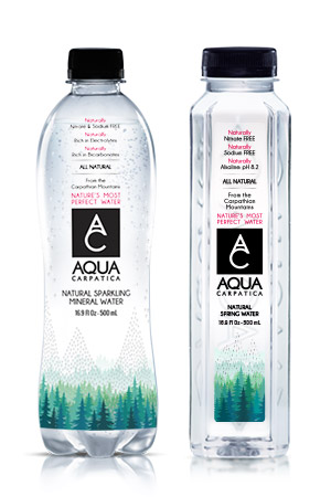 Two AQUA Carpatica water bottles.